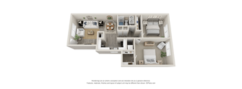 A 3D floor plan of a small apartment with a kitchen, living room, and bedroom.