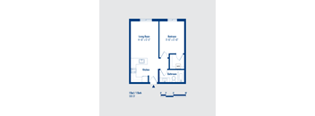 A blueprint of a house layout with a living room, bedroom, kitchen, and bathroom.