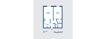 A blueprint of a small apartment with a living room, bedroom, kitchen, and bathroom.