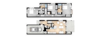 A floor plan of a two-story house with a garage on the bottom floor and a living area on the top floor.