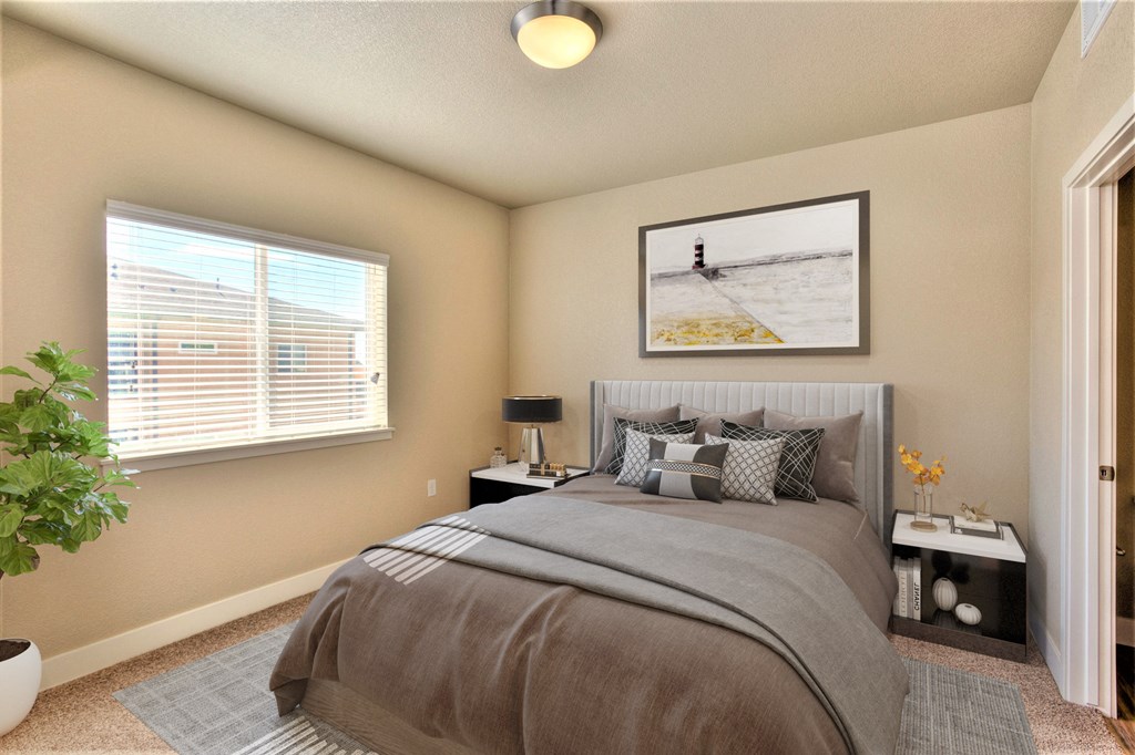 a bedroom with a large bed and a window