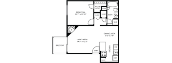 A floor plan of a house with a bedroom, dining area, living area, kitchen, and balcony.