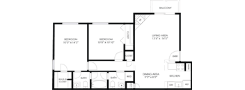 A floor plan of a house with two bedrooms, a living area, a kitchen, a dining area, a bathroom, and a walk-in closet.