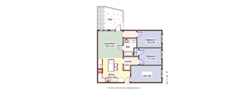 A floor plan of a house with a living room, kitchen, laundry room, and two bedrooms.