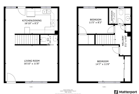 A floor plan shows a kitchen, dining area, living room, and three bedrooms.