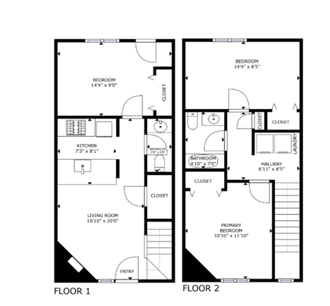 A black and white image of a floor plan for a two-story home.