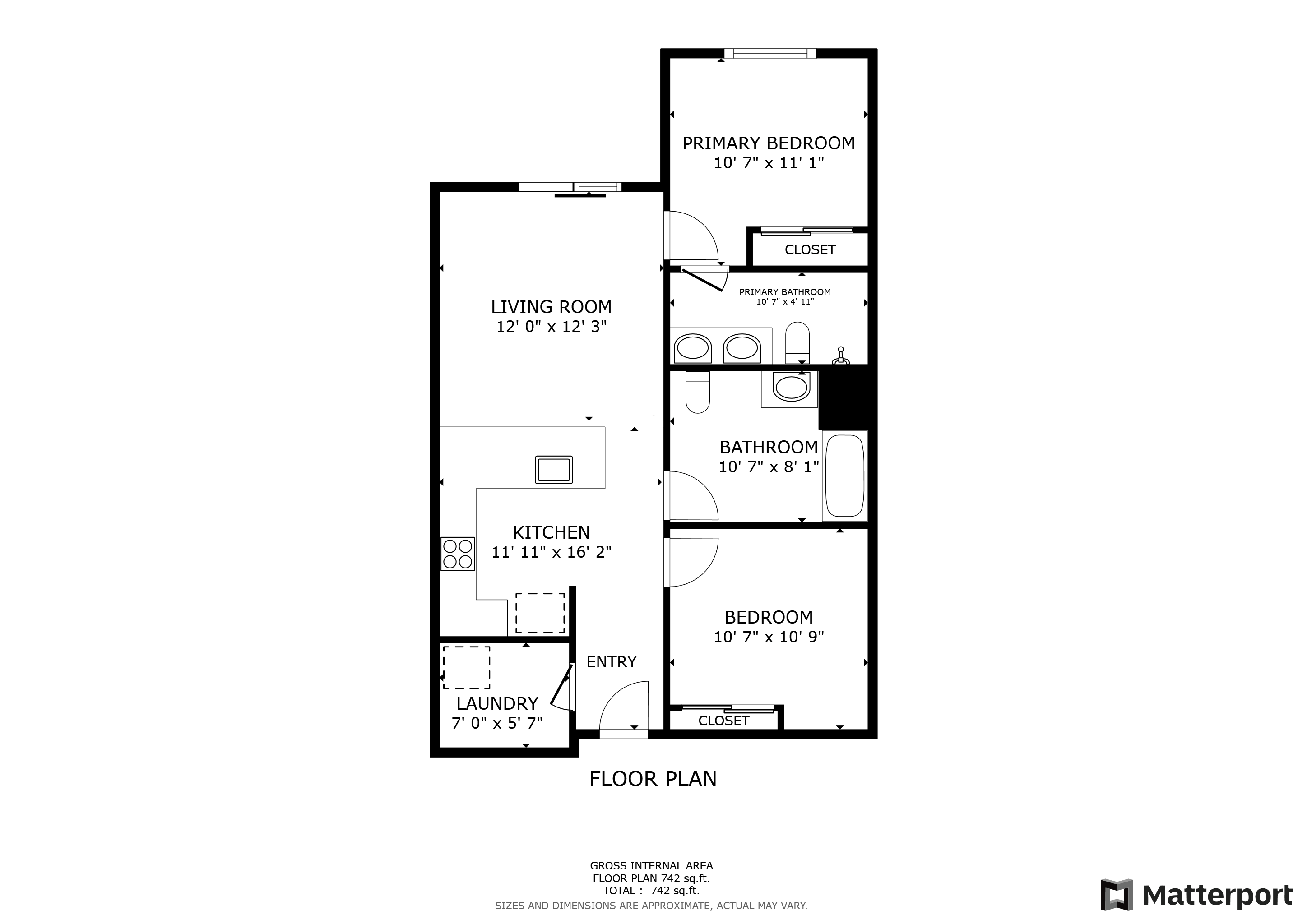 A floor plan of an apartment with a living room, kitchen, bathroom, and two bedrooms.
