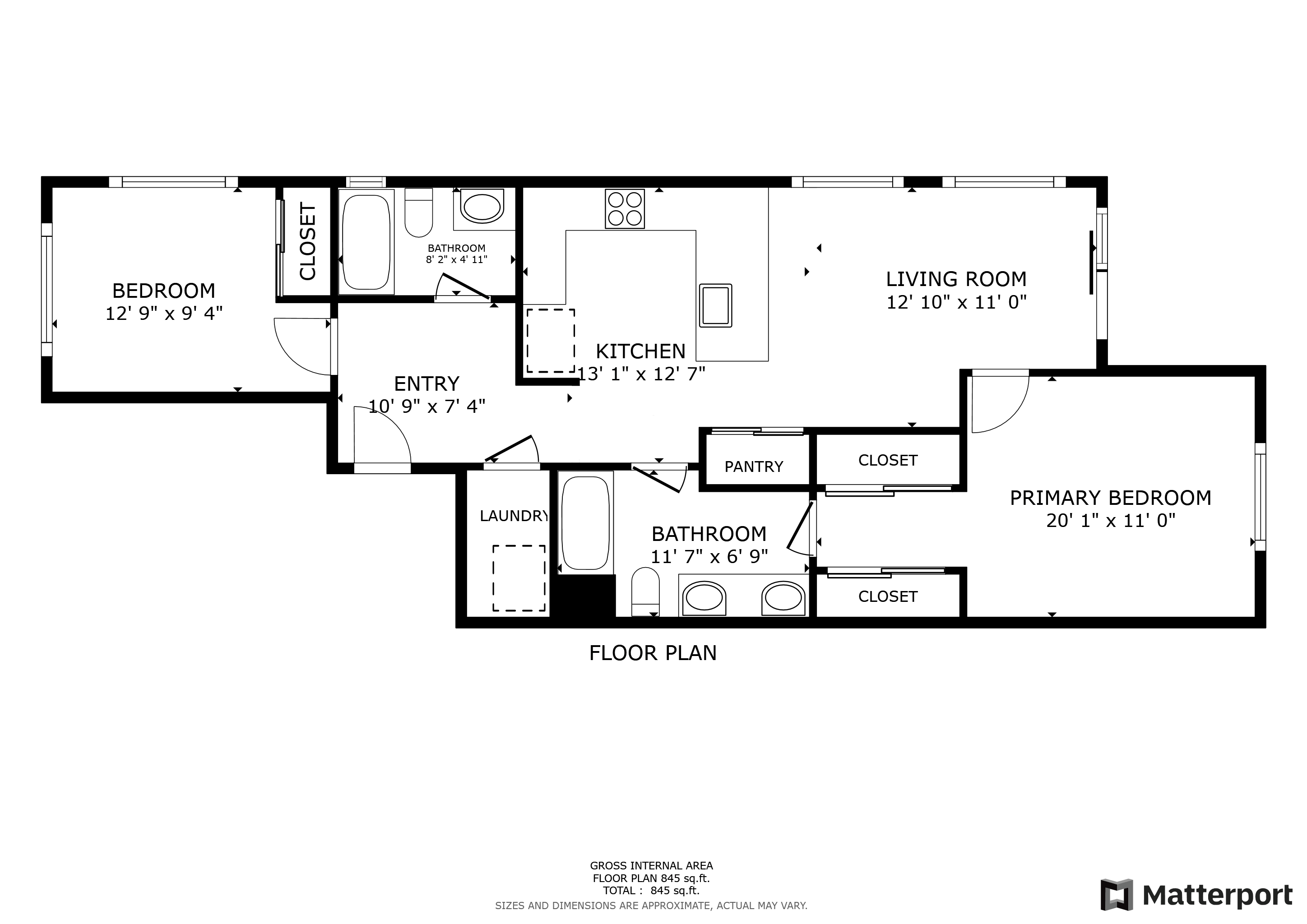 A floor plan of a home with a living room, two bedrooms, a bathroom, laundry, pantry, and kitchen.