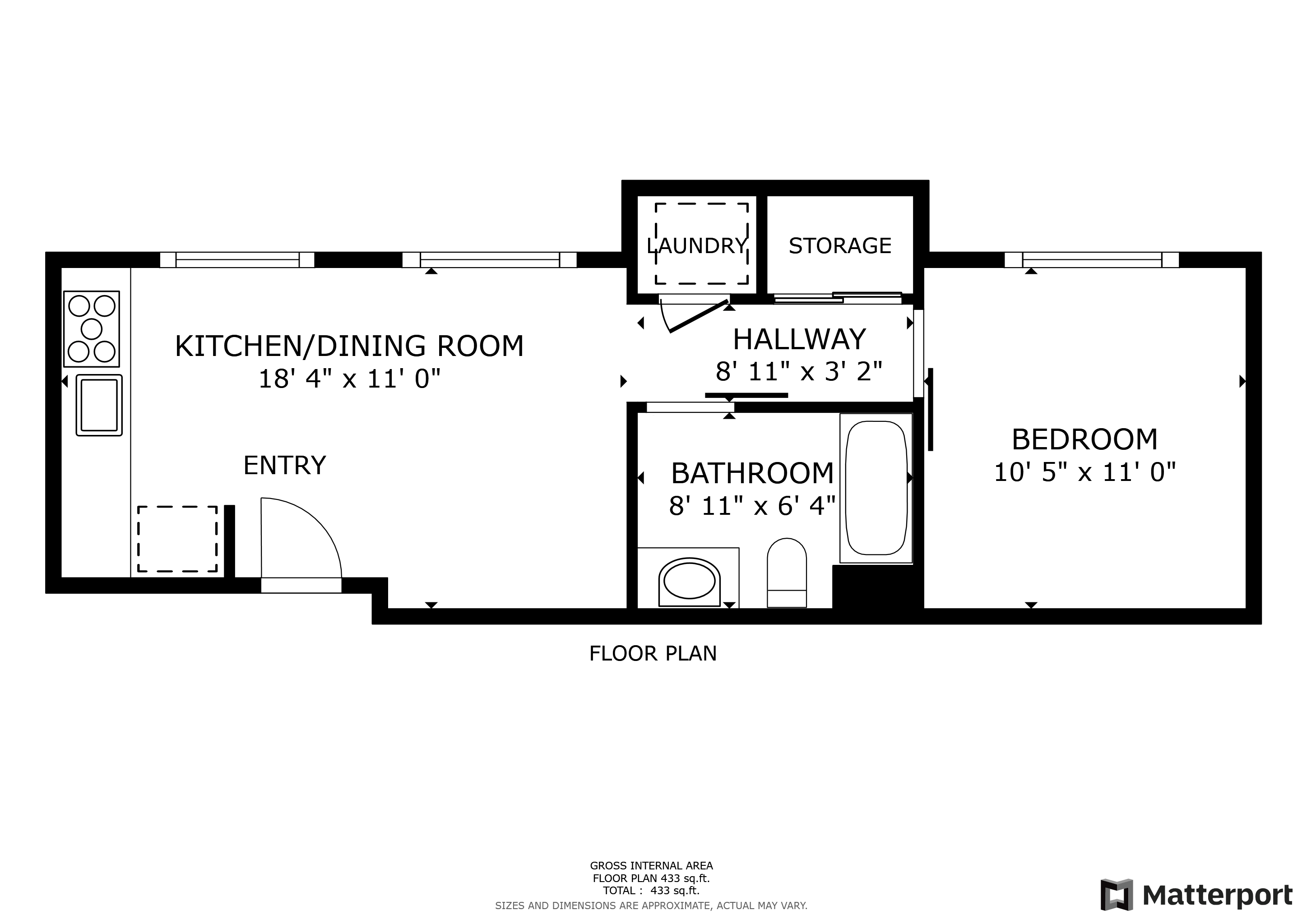 A floor plan of a small apartment with a kitchen, bathroom and bedroom.