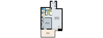 A floor plan of a house with a living room, dining room, kitchen, bathroom, bedroom, and balcony.