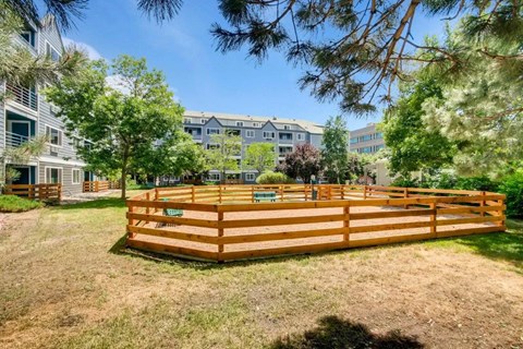 A wooden fence in a grassy area with trees and buildings in the background.