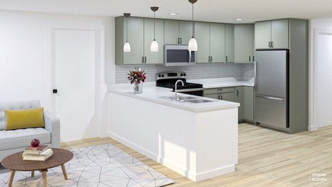 a kitchen and living room with a refrigerator and a sink