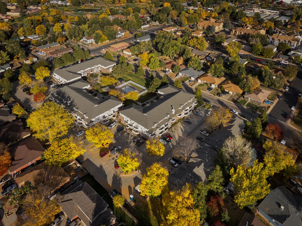 A residential area with houses and trees in autumn.