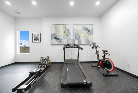 A spacious room with a treadmill, rowing machine, and stationary bike.