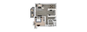 A top-down view of a small apartment with two bedrooms, a living room, and a kitchen.