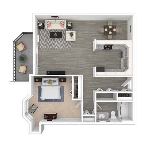 A top-down view of a small apartment with two bedrooms, a living room, and a kitchen.