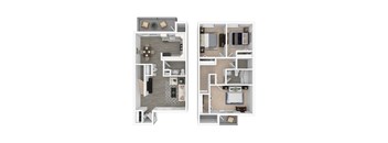 Two images of apartment layouts with furniture.