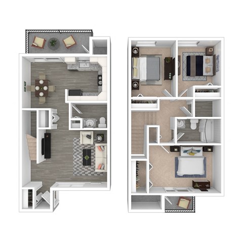 Two images of apartment layouts with furniture.