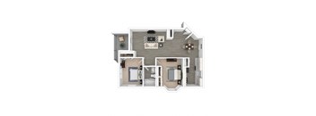 A 3D floor plan of a small apartment with two bedrooms and a living area.