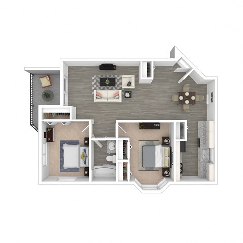 A 3D floor plan of a small apartment with two bedrooms and a living area.