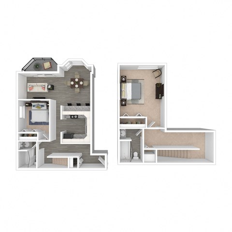 A diagram of a small apartment with two rooms and a kitchen.