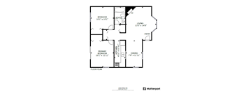 A floor plan for a home with a living room, dining room, kitchen, and two bedrooms.