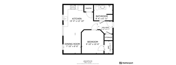 A floor plan of a home with a kitchen, dining room, bedroom, bathroom, hallway, and storage area.