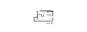 A floor plan of Unit 102 showing the location of the kitchen, living room and bed.