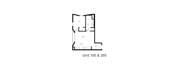 A black and white diagram of a floor plan for Unit 105 & 205.