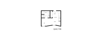 A floor plan of a small apartment with a bed, kitchen, bathroom, and living room.