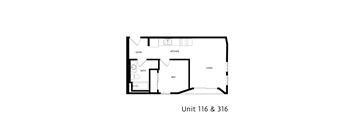 A black and white image of a floor plan for a small apartment.