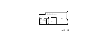 A floor plan of apartment 118 shows a living area, a kitchen, a bathroom and a bedroom.
