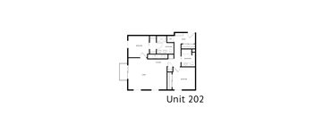 A floor plan of a unit with a living room, kitchen, two bedrooms and two bathrooms.