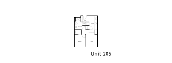 A black and white image of a floor plan for Unit 205.