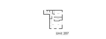 A floor plan of a unit with a living room, kitchen, bathroom and bedroom.