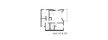 A black and white floor plan of a living space with a kitchen and two bathrooms.