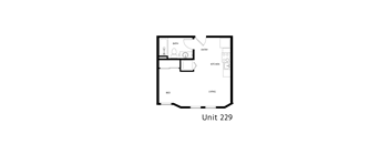 A black and white image of a floor plan for Unit 229.