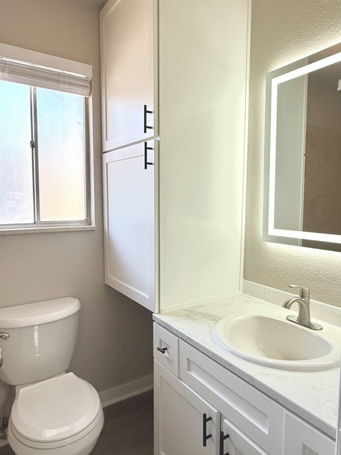 A white toilet sits next to a white sink in a bathroom.
