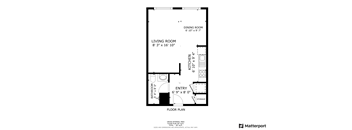 A floor plan for a living room, dining room, kitchen, and bathroom.