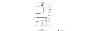 A floor plan for a home with a primary bedroom, living room, kitchen, and bathroom.