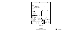 A floor plan for a small apartment with a kitchen, dining room, bedroom, closet, and bathroom.
