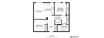 A floor plan of a home with a kitchen, dining room, bedrooms, bathrooms, and storage.