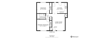 A floor plan for a home with a living room, kitchen, and two bedrooms.