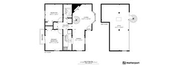 A floor plan of a two-story residential building with a garage and a balcony.