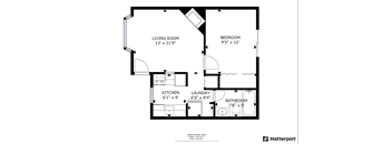 A floor plan of a small apartment with a living room, bedroom, kitchen, bathroom, and laundry room.