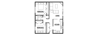A black and white image of a floor plan for a two bedroom apartment.