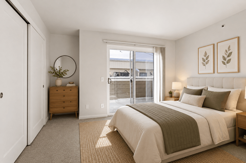 A bedroom with a large bed and a dresser.