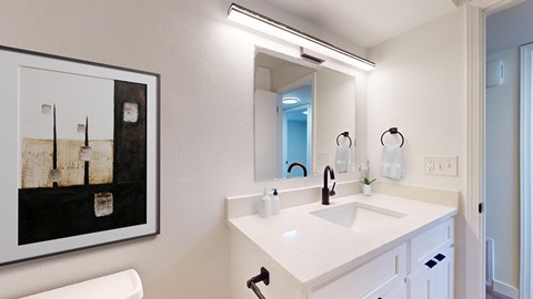 A bathroom with a white sink and a framed picture on the wall.