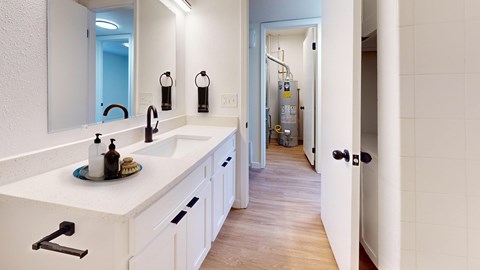 A bathroom with a white sink and a mirror.