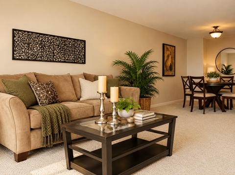 A living room with a couch, coffee table, and a mirror.